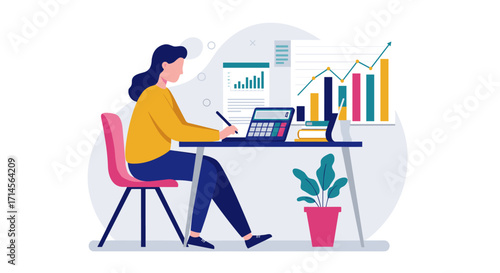 Business analyst working on financial reports with charts and laptop
