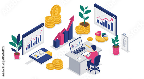 Isometric office workspace with financial charts and rising graphs