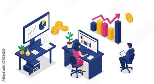 Isometric office workspace with people analyzing growth and financial charts