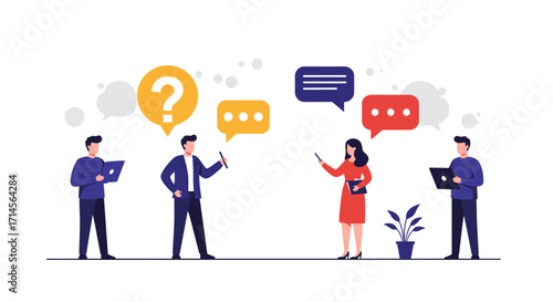 Team collaboration and communication concept with diverse team members in a flat design style