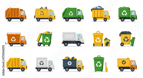 Flat style colorful recycling trucks set with eco-friendly designs