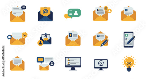Email and communication icons set for web and mobile interfaces