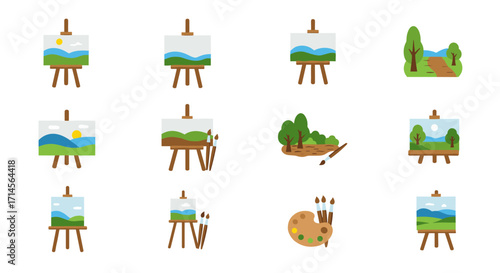 Flat painted landscapes on easels with paintbrushes and palette