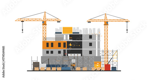Modern construction site with tower cranes and building in progress