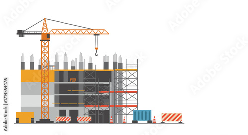 Modern construction site with tower crane and building under construction