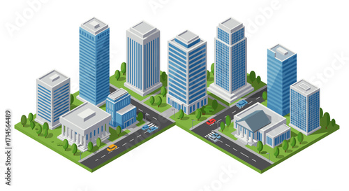 Isometric cityscape with modern skyscrapers and streets