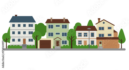 Charming neighborhood street with colorful houses and lush trees in flat design