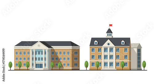 Flat design college campus buildings with symmetrical architecture and trees