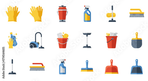 Cleaning equipment icons set: flat design for housekeeping and maintenance