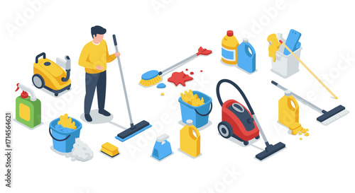 Man cleaning with mop surrounded by various cleaning tools in isometric style