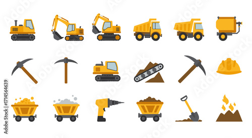Construction equipment icons set in flat design for industrial and building projects