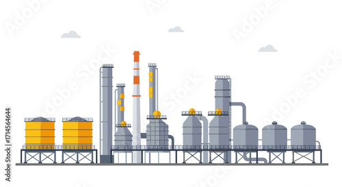 Modern industrial plant with chimneys and storage tanks