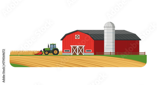Rural farm scene with red barn and tractor on harvested field