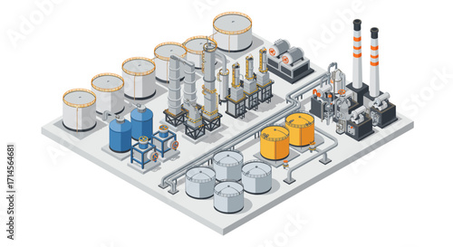 Isometric industrial oil refinery plant with storage tanks and pipelines