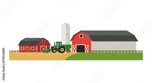 Modern farm scene with red barns, tractor, silo in flat design