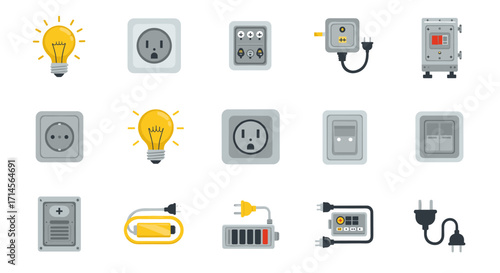 Electrical device icons collection featuring plugs, sockets, and switches in flat style