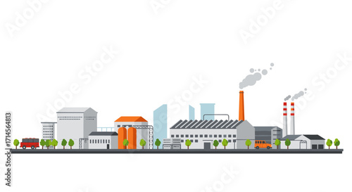 Industrial cityscape with factories and vehicles in flat design