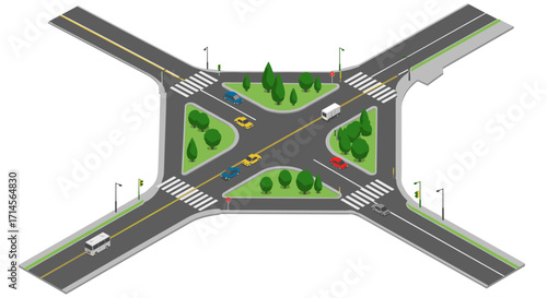 Isometric urban intersection with cars and trees on a white background