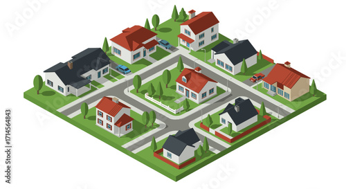 Isometric suburban neighborhood with modern houses and green spaces