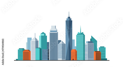 Modern cityscape with colorful skyline and tall skyscrapers