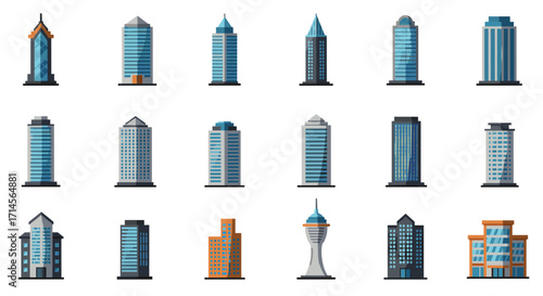 Modern city skyscrapers collection in flat style for urban design projects