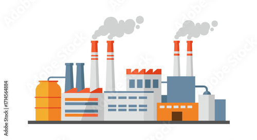 Industrial factory with chimneys emitting smoke in flat design
