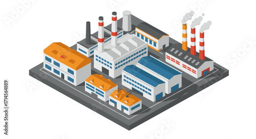 Industrial complex design in isometric style featuring factories and smokestacks