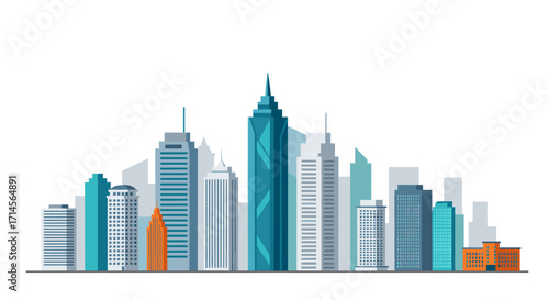 Modern flat city skyline with diverse skyscrapers and urban architecture