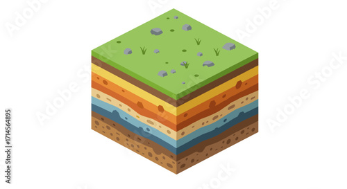 Isometric cube of layers depicting geological earth structure