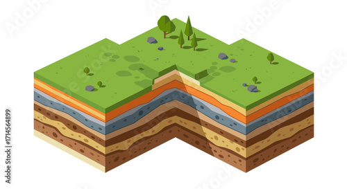 Isometric cross section of a geothermal landscape with layers and trees
