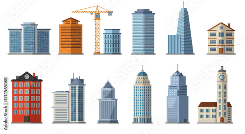 Flat urban skyscrapers and buildings collection