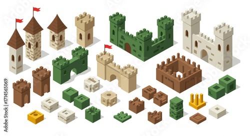 Isometric medieval castle blocks for building creative fortress designs