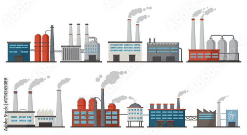 Industrial factory buildings with smokestacks and chimneys in flat design