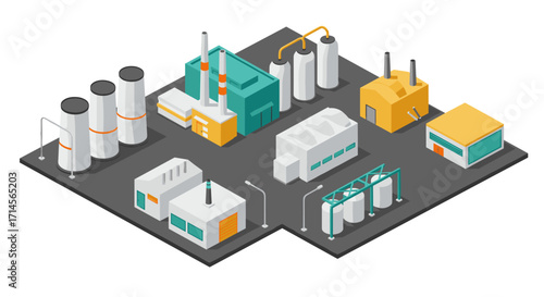 Modern industrial plant in isometric design with detailed facility layout