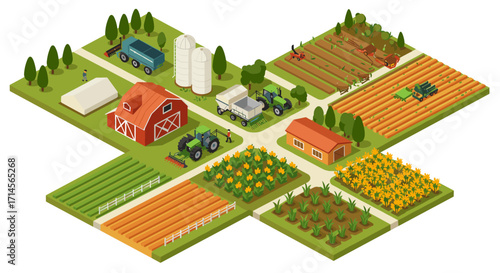 Isometric modern farming scene with tractors and crops in a rural landscape