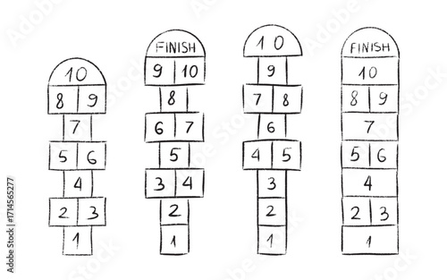 Hopscotch game courts with numbered squares from one to ten and finish line for kids playground activity. Hand drawn chalk layouts for outdoor schoolyard recreation children jump game.
