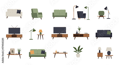 Modern minimalist furniture set with sofas, lamps, and accessories