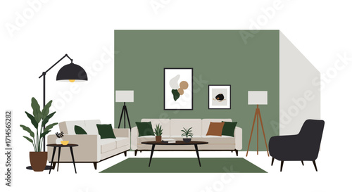 Modern minimalist living room with green accents and contemporary furniture
