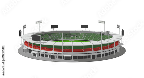 Modern isometric stadium with floodlights and seating