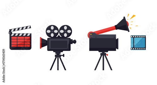 Vintage film equipment icons featuring movie camera, clapperboard, and projector design