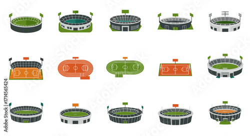 Diverse soccer stadium designs set in modern cartoon style for sports enthusiasts