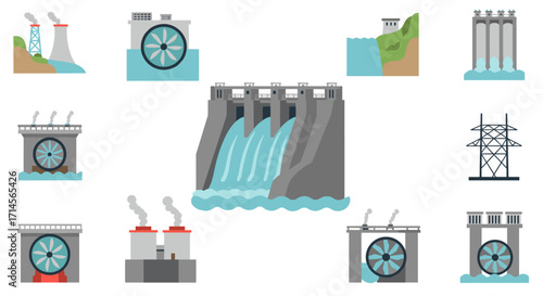 Flat style hydroelectric power plant elements set with turbines and dams