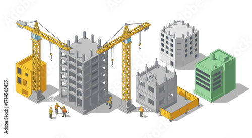 Isometric construction site with cranes and buildings in various stages of development