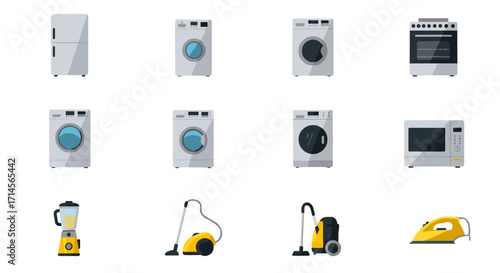 Modern home appliances set: fridge, washer, oven, and more