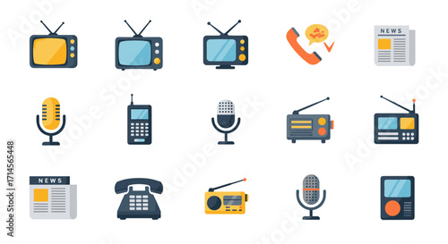 Retro media icons collection featuring tvs, radios, and microphones in flat style
