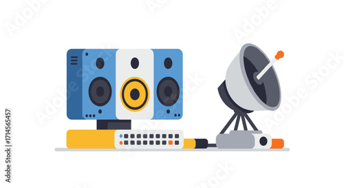 Modern audio speaker and satellite dish in flat design