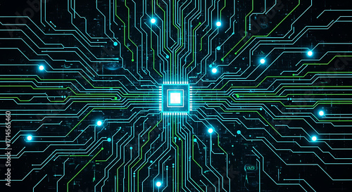 Central Glowing Microchip on Dark Circuit Board Background