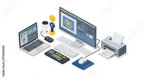 Modern isometric workspace with laptop, computer monitor, and printer