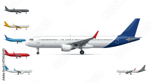 Realistic passenger airplanes with colorful liveries in side view