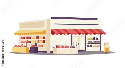 Charming storefront display with colorful awnings and window showcase